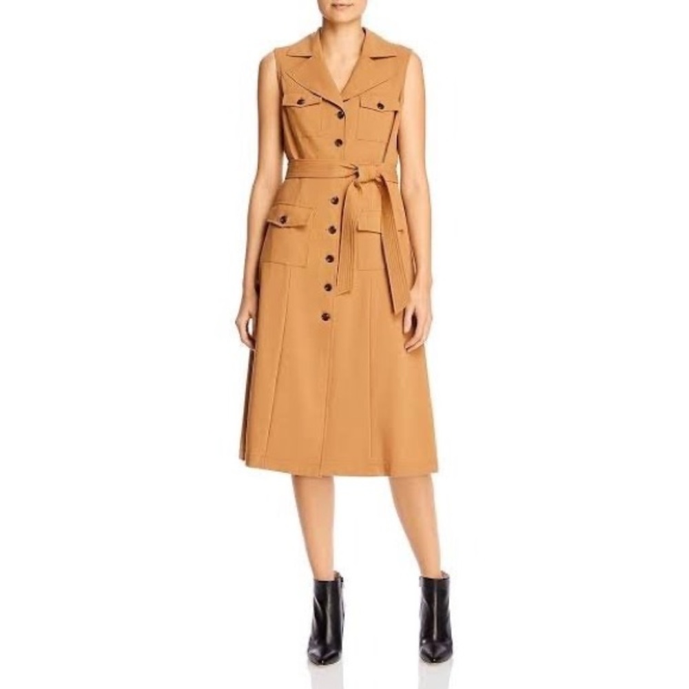 NWT 🏷 Calvin Klein Notch Lapel Button-Down Belted Sleeveless Dress Tan | Sz 4
